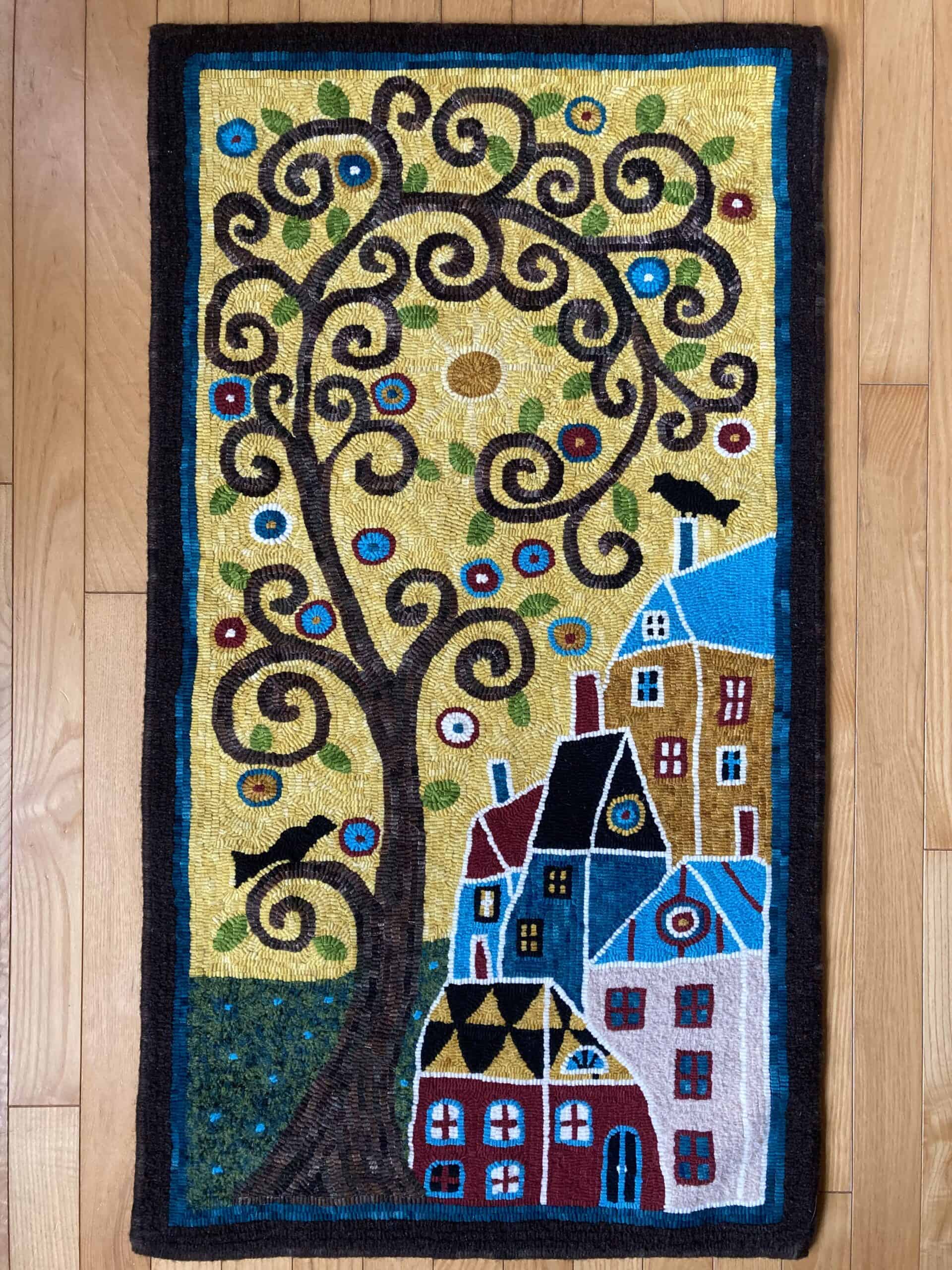 A Karla Gerard design, hooked and photographed by <strong>Deborah Settle</strong>, Chance Harbour NS, completed in 2019, 19" x 32"