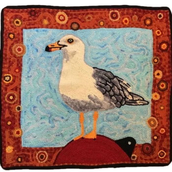 Cecil, designed, hooked and photographed by Hetty van Gurp, Big Tancook Island, NS. Cecil is 30" x 30" and hooked on linen using 100% wool strips in 5, 7 & 9 cuts. Hetty completed it in 2021