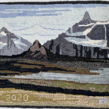 Tonquin Valley, designed, hooked and photographed by Karen Friskney, Bridgewater, NS. The rug is 16" x 21" of the Tonquin Valley in Jasper National Park, AB, completed in 2022