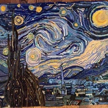 Starry Night, Van Gogh's famous painting hooked by Debbie MacIntosh, Big Bras d'Or, NS, photographed by Bernard MacIntosh. Mat is 31" x 27". The pattern was put on linen by Doug Rankin and he dyed for this project along with Debbie's colours. It was completed in 2015.